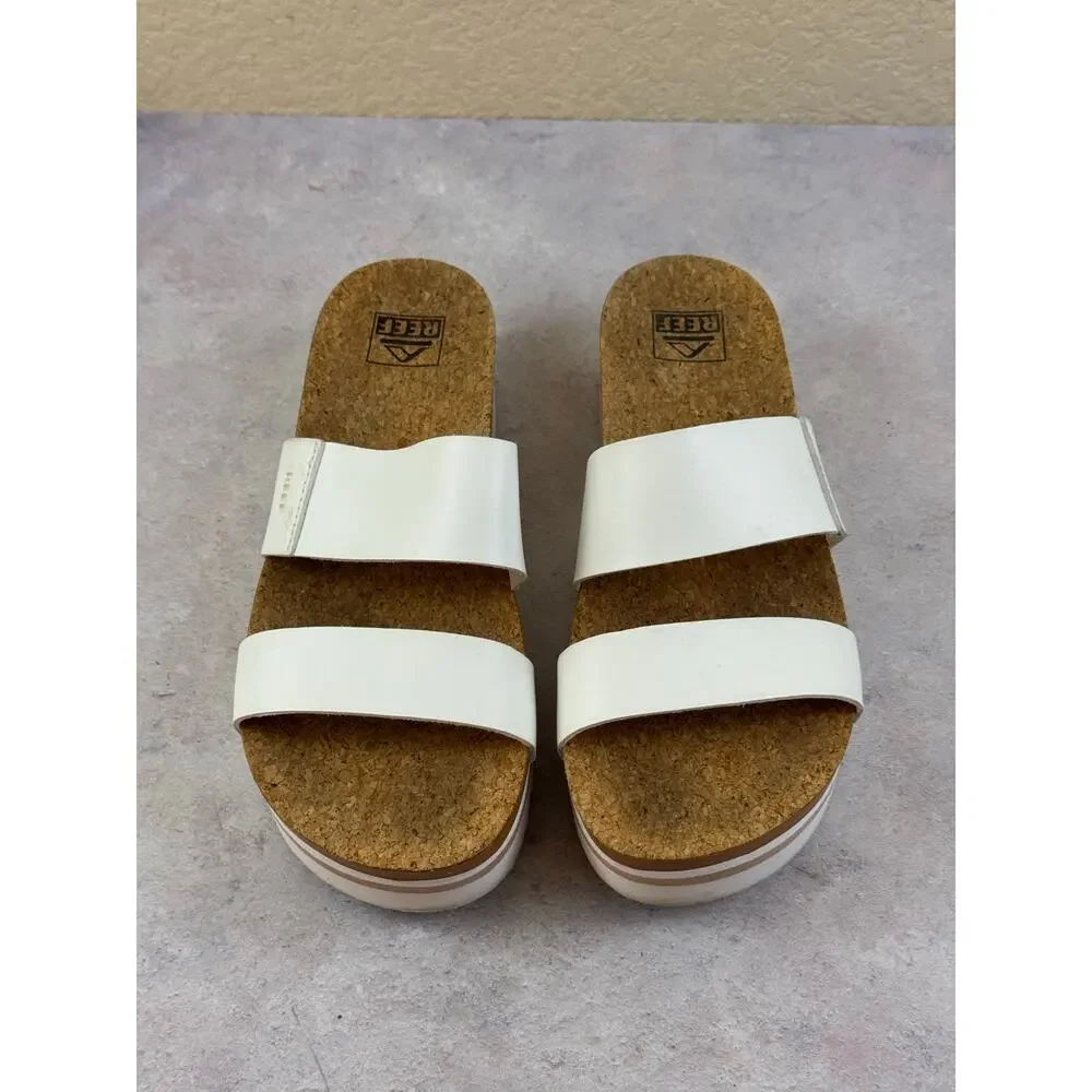 Reef Cushion Vista Hi White Double-Strap Platform Slide Sandals Womens Sz 8